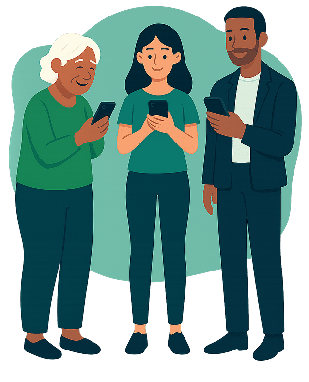 Ilustração de três pessoas usando o celular